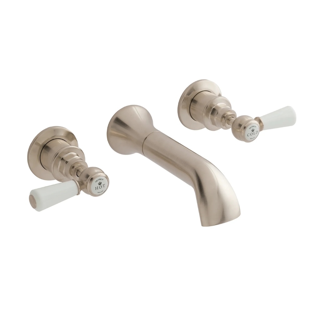 BC Designs Victrion Lever Brushed Nickel 3 Hole Wall Mounted Bath Filler Cut Out